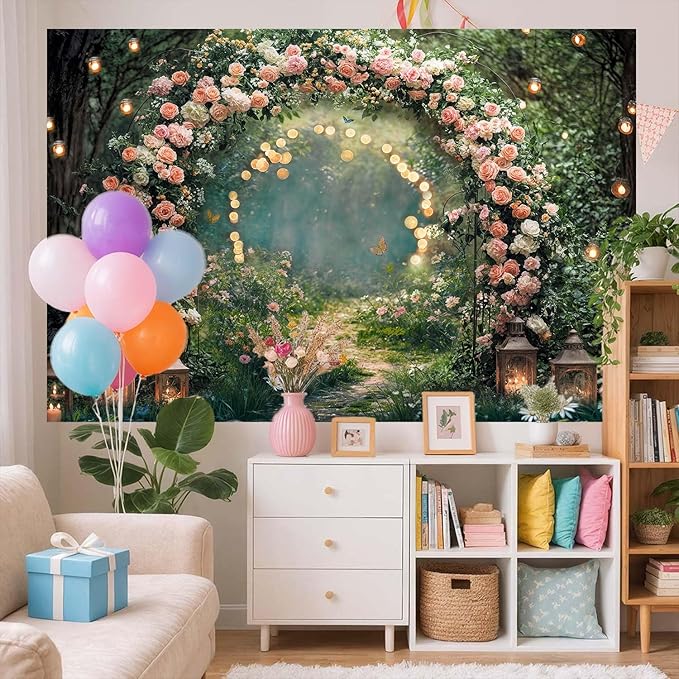 5x4ft Enchanted Forest Wedding Photography Backdrop Wonderland Roses Fairy Tale Backdrop Pink Flower Birthday Newborn Baby Shower Wedding Bridal Party Banner Photo Booth Props Anniversary Background