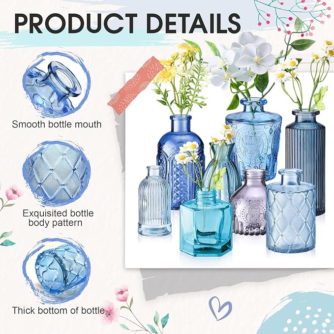 Yaomiao 30 Pcs Vases Bulk Colored Flower Glass Christmas Vases Bud Vintage Colored Glass Bottles Colorful Rustic Embossed for Home Wedding Table Decorations Gifts(Blue Series)