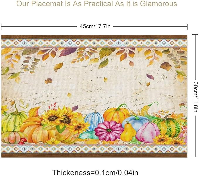 Fall Pumpkin Kitchen Placemats Vintage Rustic Farmhouse Aztec Pumpkins Maple Leaves Sunflowers Harvest Thanksgiving Placemats Table Kitchen Dining Party 12x18 Inch Set of 4