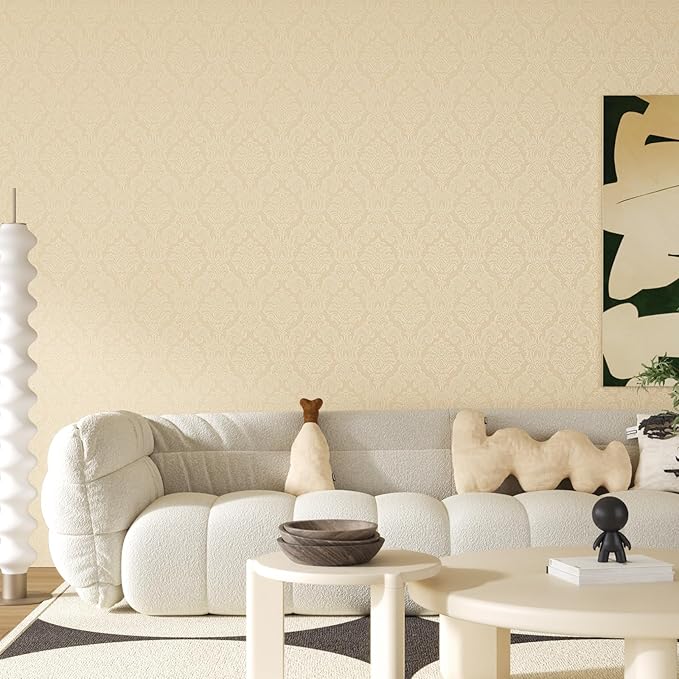 Beige Floral Peel and Stick Wallpaper Textured Vintage Damask Floral Wallpaper 15.7"x118" Self Adhesive Removable Beige Contact Paper for Cabinets Waterproof Vinyl Roll for Bedroom Bathroom