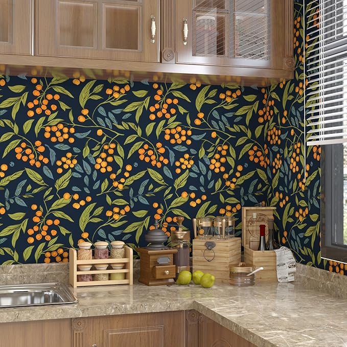 Blue Orange Green Wallpaper Peel and Stick Boho Leaves Floral Contact Paper Removable Waterproof Stick on Walls Countertop Cabinet Renter Friendly 17.5 x 118In
