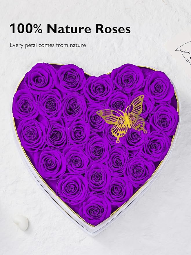 Eterfield 27 Forever Flowers in Heart Shape Box, Preserved Roses That Last a Year Preserved Flowers Birthday Gifts for Her Mom Women Wife Anniversary Valentines Day Mothers Day Christmas, Purple