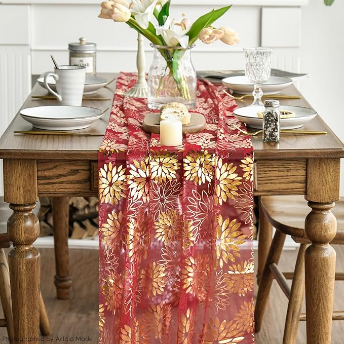Artoid Mode Red Gold Dahlia Flower Gauze Table Runner 120 Inch 10FT, Glitter Metallic Foil Seasonal Sheer Dining Holiday Table Decor for Home Party