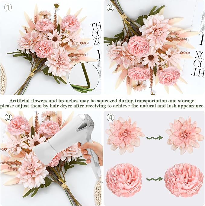 Dremisland Artificial Flowers Bouquet Silk Floral Arrangements Faux Flowers Plant for Home Decor Wedding Bride Bouquets Floral Tables Centerpieces for Home Decor Indoor Vase Table Decor (Pink)
