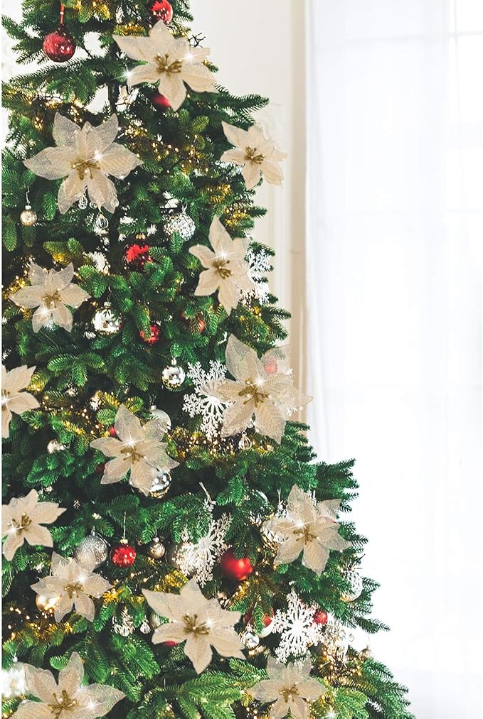 WILLBOND 24 Pcs 3 Size Poinsettia Flower Artificial Christmas Decor Glitter Poinsettia Christmas Ornaments Faux Flowers for Xmas Tree Outdoor(4/6/7.9 Inches,Gold)