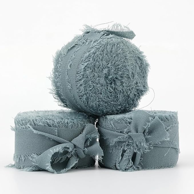 MEEDEE Slate Blue Chiffon Ribbon 1 Inch Fringe Ribbons Dusty Blue Chiffon Silk Frayed Edge Ribbon Thin Chiffon Ribbons for Crafts, Gift Wrapping, Wedding Invitation (3 Rolls 21 Yards)