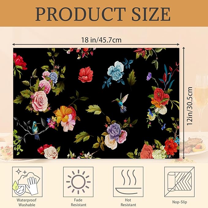 Vintage Rose Peony Flowers Placemats Set of 6 Place Mats for Kitchen Table Washable Farmhouse Linen Table Mats Dining Decoration 12x18 Inch