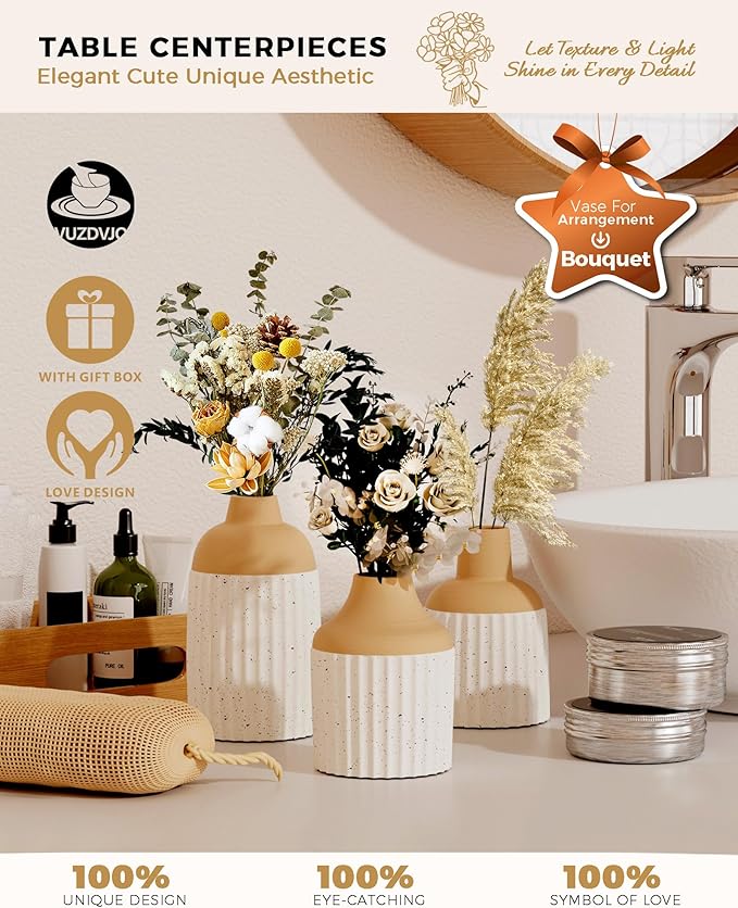 Beige Decorative Vase Set of 3 - Modern Boho Style Ribbed Ceramic Bud Vases for Flowers, Mini Small Vases for Shelf, Shelves, Bookshelf, Entryway Table & Home Decor Aesthetic (Beige White)
