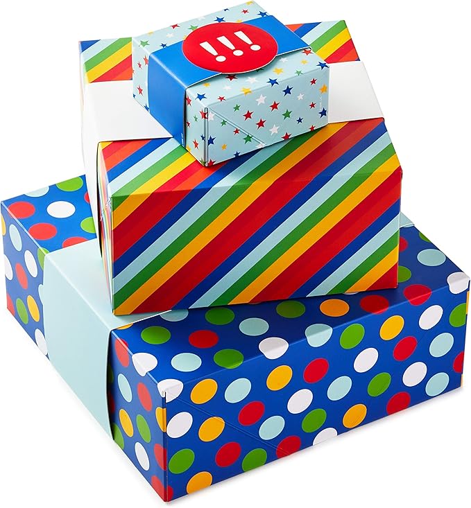 Hallmark Gift Boxes 3-Pack Assorted Sizes (Rainbow Stripes, Dots, Stars) for Birthdays, Weddings, Graduation, Baby Showers, All Occasions, Wrapped Treats and Cookies