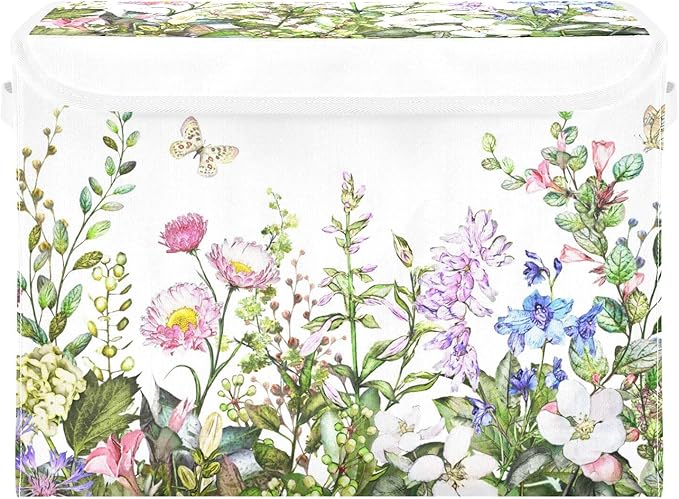 senya Spring Storage Baskets Collapsible Storage Bins with Lids, Spring Wild Flowers Butterfly Storage Boxes Clothes Baskets for Organizing