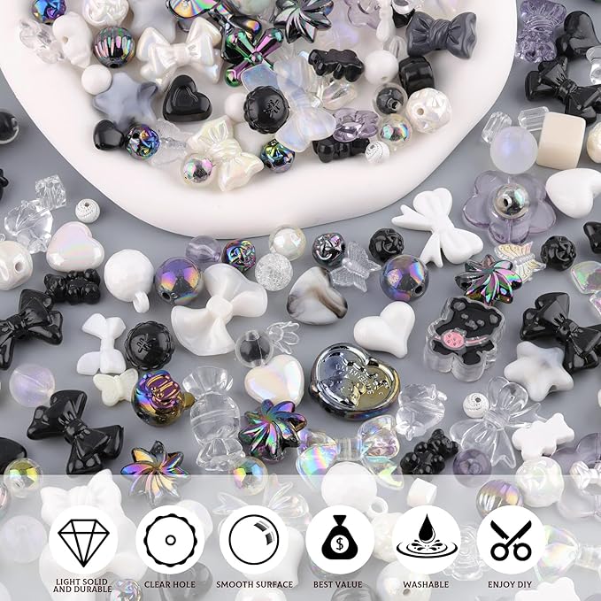 Assorted 200-260PCS Black Acrylic Beads for Bracelet Making, Flower Bow Candy GummyBear Bracelet Charms,Cute Beads for Jewelry Making DIY Necklace Keychain Phone Charm Christmas Gift