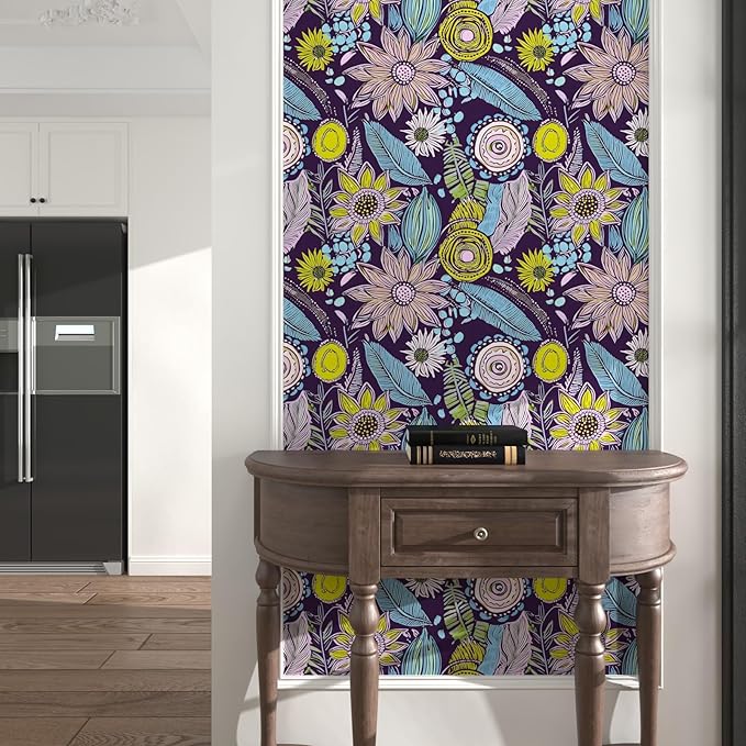 Purple Boho Wallpaper Peel and Stick,Vintage Yellow Floral Contact Paper, Botanical Flowers Retro Bohemia Wall Paper Self Adhesive Removable Waterproof for Walls Shelves Cabinet Table 17.5" x 118"