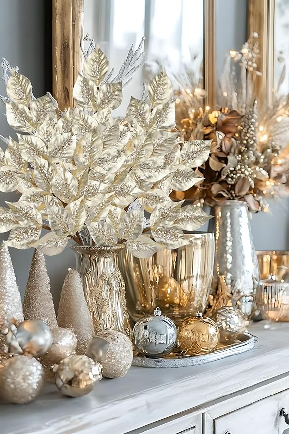 Christmas Tree Picks and Sprays 31.5" Champagne Atrificial Elm Leaves with Stems 3 Pcs Christmas Picks for Tree Champagne Vase Fillers for DIY Xmas Trees Wreath Centerpieces Wedding Bouquet Decor