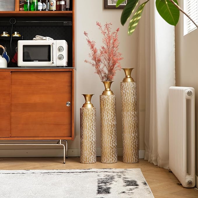 Floor Oversized Gold Metal Decorative Vase with 3D Triangle Pattern Set of 3 Large Vases for Home Living Room 33.5 ", 29.5 ", 25.2" High (Matte Gold)
