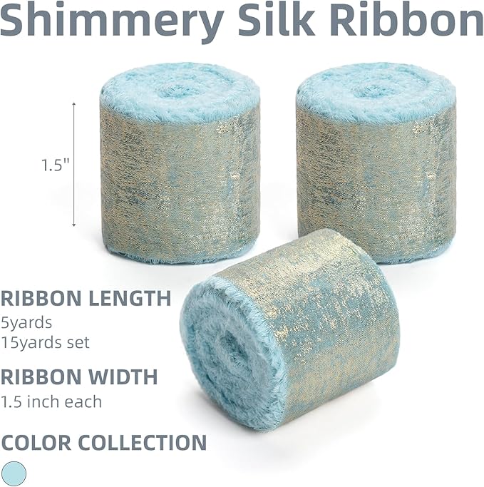 Light Blue Silk Chiffon Ribbon,Sky Blue Frayed Shimmery Silk Ribbon for Bridal Flower Bouquet Christmas Gift Wrapping Wedding Decor Invitations Decorations 1.5" x 15 Yards (5Yards X 3 Rolls)