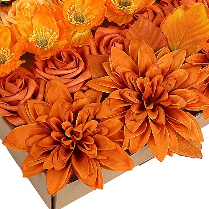 ASTRYAS Orange Artificial Flowers Combo Set, Orange Peonies Dalia Flower for DIY Wedding Bouquet Bridal Baby Shower Decorations Party Table Centerpieces Cake Silk Floral Arrangement Home Decor