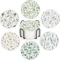 Table Coaster for Drinks Set of 6, Eucalyptus Leaf Flower Watercolor Round Ceramic Coasters,with Cork Base and Metal Holder,Great Housewarming Birthday Gifts,Home Decor