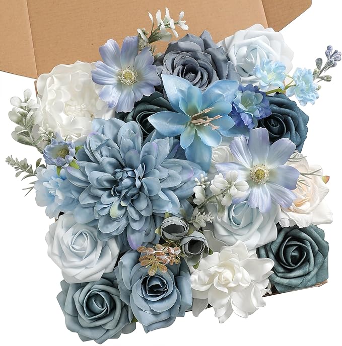 Blue Artificial Flowers Combo Set Fake Flower Leaf Box with Stemst for DIY Wedding Bridal Bouquet, Centerpieces, Home Decor, Floral Arrangement Decor(Blue)