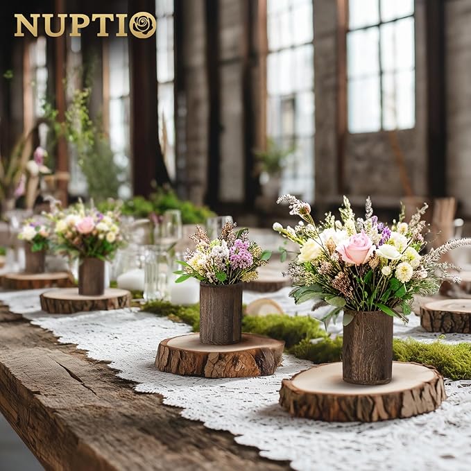 NUPTIO Wood Vases Rustic Centerpiece: 2 Pcs 5.1" Wooden Vase for Home Decor - Brown Small Vase for Wedding Table Living Room Shelf Decor