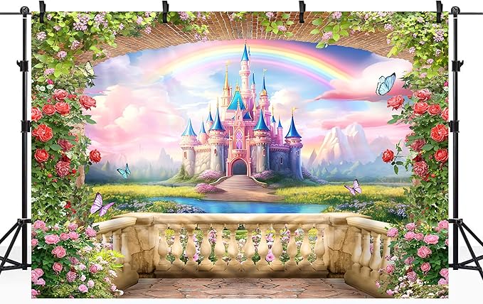 Riyidecor Pink Castle Backdrop Polyester Fabric Princess Flower Blossom Spring Floral Butterfly 8Wx6H Feet Fairy Fantasy Balcony Rainbow Photography Background Birthday Wedding Photo Studio Shoot