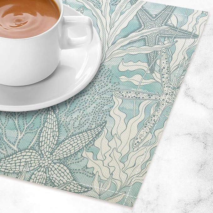 Nautical Placemats Beach Ocean Starfish Seashell Coral Art Printed Dining Table Mats Set of 4 for Restaurant Home Kitchen Holiday Picnic Party Decor 12x18in