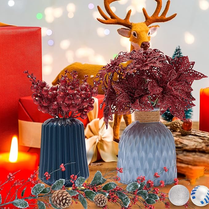 Zhuqing 22Pcs Christmas Poinsettia Artificial Flowers and Glitter Berries Stems Kit, 16Pcs Christmas Tree Flowers Ornaments and 6 Pack Christmas Tree Picks for Wedding Holiday Decorations (Red)