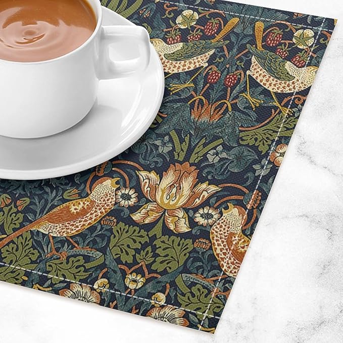 William Morris Floral Placemats Set of 6, Vintage Flower Strawberry Birds Green Place Mats, Heat Resistant Non Slip Cotton Linen Dining Table Mats for Home Kitchen Party 18x12 Inch