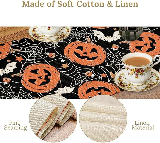 Bat Table Runner,Halloween Pumpkin Spider Web Table Runner for Home Kitchen Table Dining Garden Farmhouse Wedding Party Decor 13x108 Inch