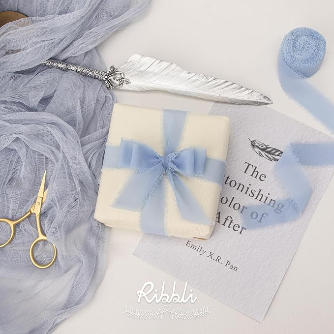 Ribbli Light Dusty Blue Ribbon 1 Inch x 3 Rolls Total 24 Yards Light Blue Handmade Fringe Chiffon Silk Ribbon for Wrapping Wedding Invitations Bridal Bouquets DIY Crafts Home Decor