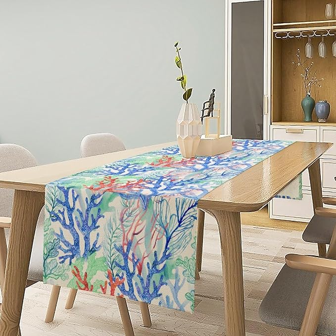 Summer Shell Starfish Table Runner, Seasonal Spring Summer Tropical Ocean Beach Indoor Party Kitchen Outdoor Table Decor 13x70 Inch