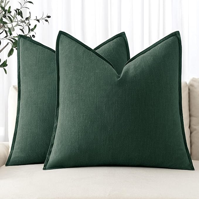 MIULEE Christmas Decorative Linen Pillow Covers 18x18 Inch Dark Green Boho Farmhouse Neutral Couch Throw Pillows for Bed Pack of 2 Accent Modern Pillowcase Sofa Livingroom Home Decor