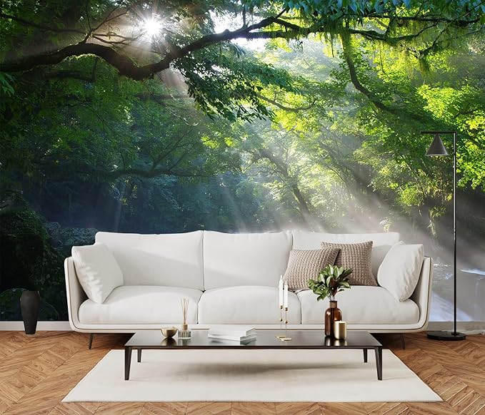 Mountain Stream and Beams of Light Mural with Sunlight Shining on The Running Water in The Forest Wall Mural, Non-self-Adhesive Wallpaper（Non-self-Adhesive）