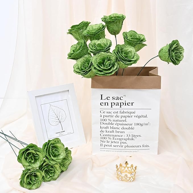 Waipfaru Glitter Roses Bouquet, DIY Green Fake Flowers Bouquet, Birthday Gifts for Women Mom, 24 Pcs Rose for Wife Girlfriend Valentines, Mothers Day, Graduation, St. Patrick's Day
