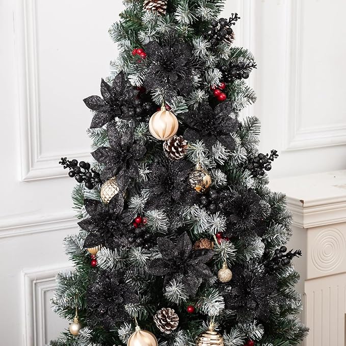24Pcs Black Glitter Poinsettia Christmas Tree Ornaments and Glitter Berries Stems, 16Pcs Christmas Artificial Flowers and 8 Pack Christmas Tree Picks for Wedding Holiday Decorations