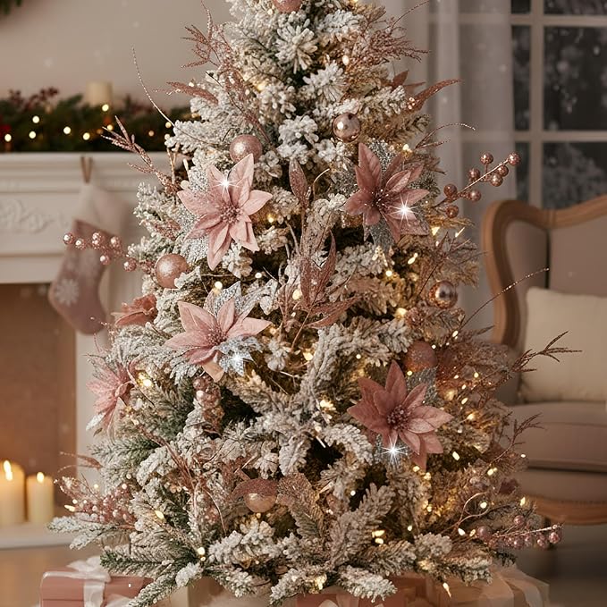 60 Pcs Christmas Glitter Branches 6 Styles Artificial Christmas Picks Berries Stems Poinsettia Flowers Pine Needles Floral Twig Spray for Xmas Tree Ornaments DIY Wreath Garland(Rose Gold)