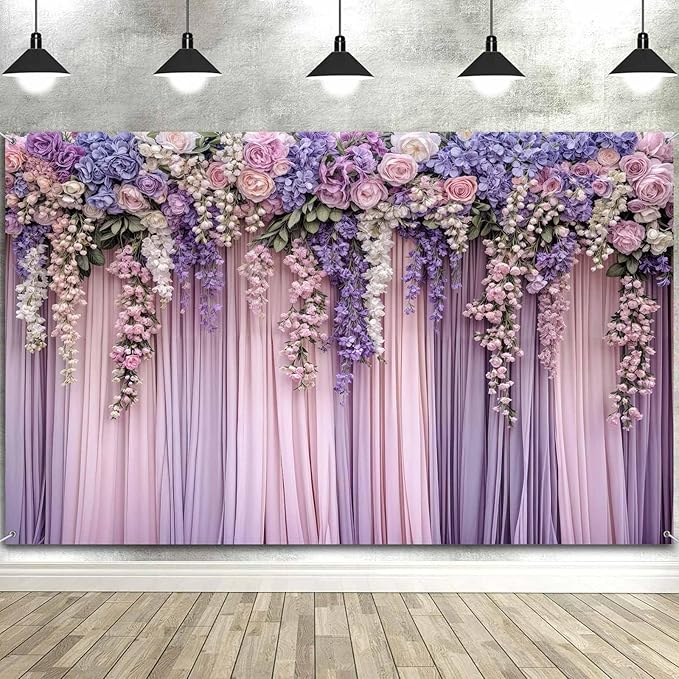 15x10ft Purple Flower Wedding Photography Backdrop Lavender Floral Wedding Bridal Photography Backdrop Anniversary Birthday Baby Shower Girl Party Banner Photo Booth Props Background Wall Decor