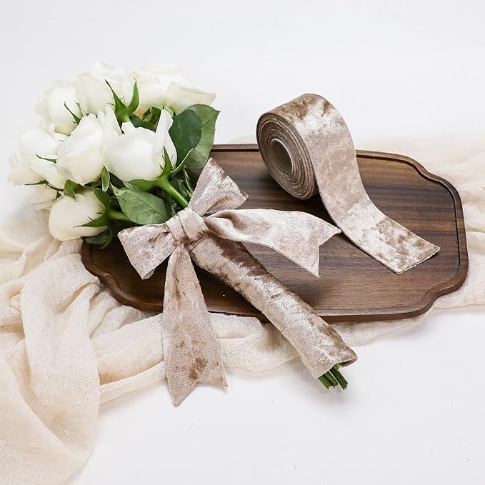 Velvet Ribbon 1-1/2 inch Wide Double-Sided Glossy Fabric Ribbons for Christmas Tree Decor Gift Wrapping Flower Bouquet DIY Crafts 10Yd (Champagne)