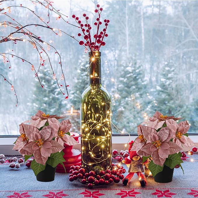 Poinsettias Flowers Artificial 2 Pack Pink Faux Christmas Poinsettia Plant Small 11 Inch Winter Flowers for Home Office Table Decorations Indoor Xmas Ornament