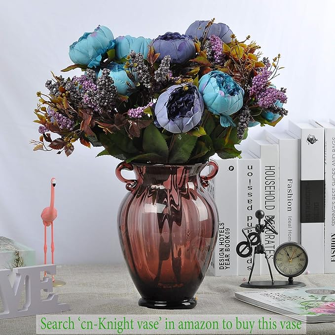 1pcs Artificial Peony Bouquet,19 Inch Silk Peony Bunch with 7 Faux Flowers,Classical Style Artificial Flowers with Leaves and Ornaments for Wedding,Home Décor Centerpieces(Blue)