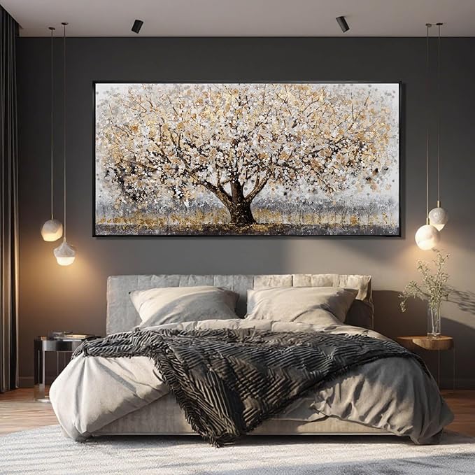 Gold Foil Canvas Wall Art Flower Wall Decor Plant Photo Prints Landscape Wall Decorations 29"x58" Large Artwork for Living Room Office