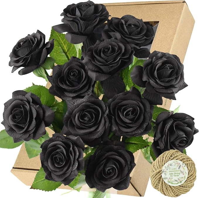 FiveSeasonStuff Fake Black Roses Wedding Flowers Real Touch Silk Artificial Flowers 12 Stems