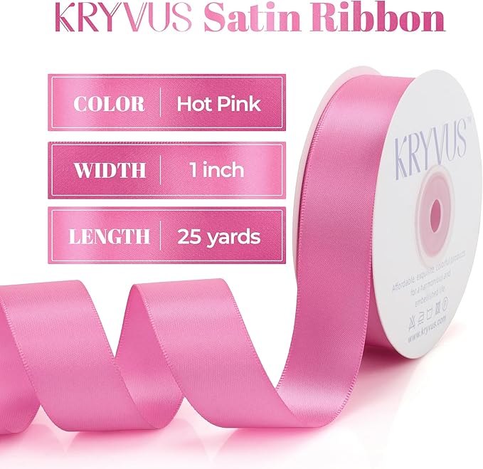 Hot Pink Satin Ribbon, Double Faced 1 Inch X 25 Yards Hot Pink Ribbon, Premium Satin for Gift Wrapping, Crafts, Hair Bow Making, Sewing, Flower Bouquet, Wedding Party Decor