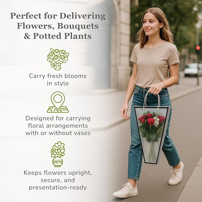 14 Reusable Floral Vase Bag for Bouquets - Portable Flower Bouquet Bags with Ventilation Holes and Ergonomic Handles, Gift-Ready, Tuxedo Black