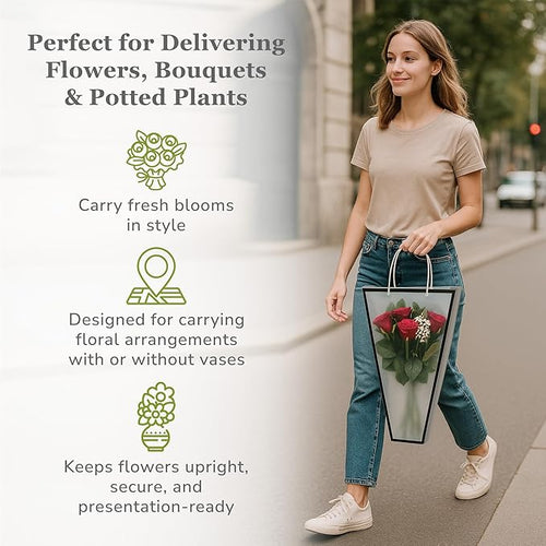 14 Reusable Floral Vase Bag for Bouquets - Portable Flower Bouquet Bags with Ventilation Holes and Ergonomic Handles, Gift-Ready, Tuxedo Black
