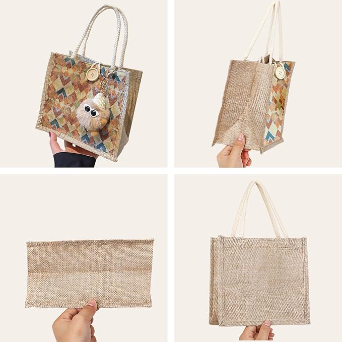 Women Tote Bag,2Pcs Jute Casual Tote's Handbag Embroidered Personalized Bento Bag,Reusable Grocery Bags Shopping Bags