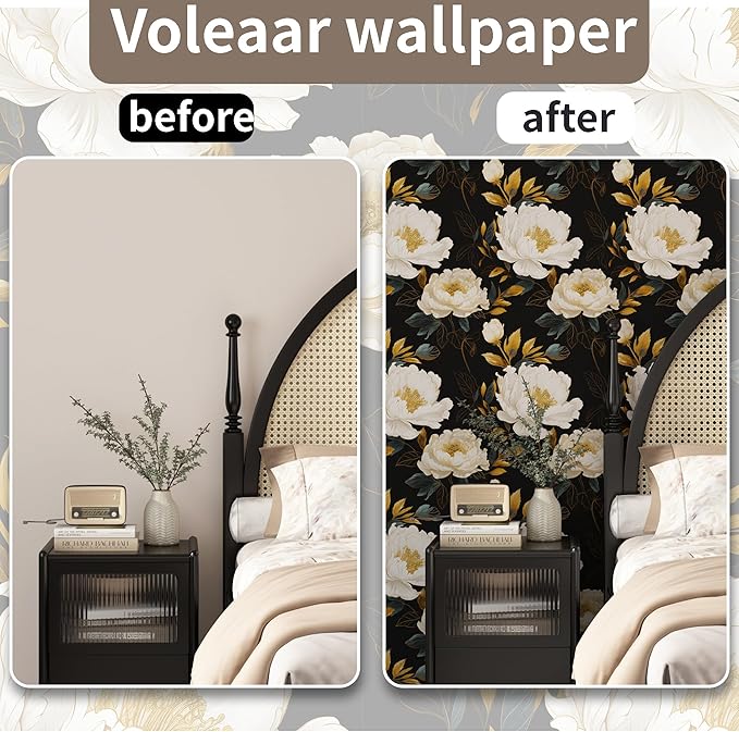 Vintage Dark Floral Wallpaper Peel and Stick, White Peony Flower with Gold Leaf Removable Contact Paper for Bedroom Cabinet Drawer, Boho Botanical Wall Decor Black White Gold 17.5" x 118"