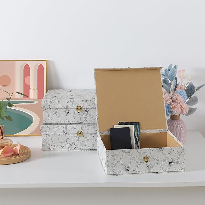 Soul & Lane Black and White Floral Cardboard Decorative Storage Boxes with Gold Hardware - Set of 3, Hibiscus Harmony - Stacking Boxes with Lids for Home Decor and Organizing, Elegant Design