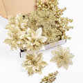 24Pcs Christmas Poinsettia Artificial Flowers and Glitter Berries Kit, 2 Styles Total 16Pcs Christmas Tree Flowers Ornaments, 8Pcs Christmas Tree Picks for Wedding Holiday Decorations, Gold