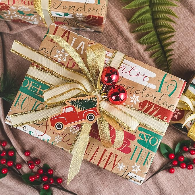 RUSPEPA Christmas Wrapping Paper, Kraft Paper - Christmas Tree, Snowflake and Seasonal Brocade Style Designs - 4 Rolls - 30 inches x 10 feet per Roll