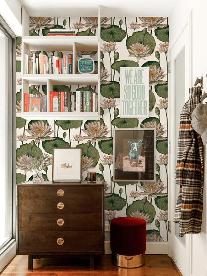 Orainege Floral Wallpaper Peel and Stick Floral Contact Paper Boho 16.9inx118.1in Lotus Flower Wallpaper Removable Self Adhesive Wall Paper for Bedroom Cabinets Decorative